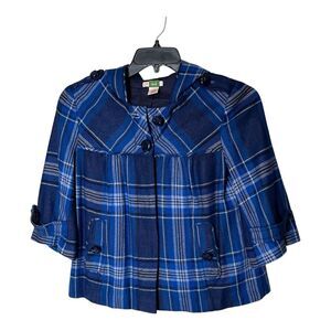 Anthropologie ETT TAIA Blue Plaid Wool-Blend Hooded Coat 3/4 SleeveJacket Size 6